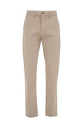Beige Baumwollhosen mit geradem Beinentwurf, ausgestattet mit einem Knopfverschluss, Gürtelschlaufen und feiner strukturiertem Stoff.