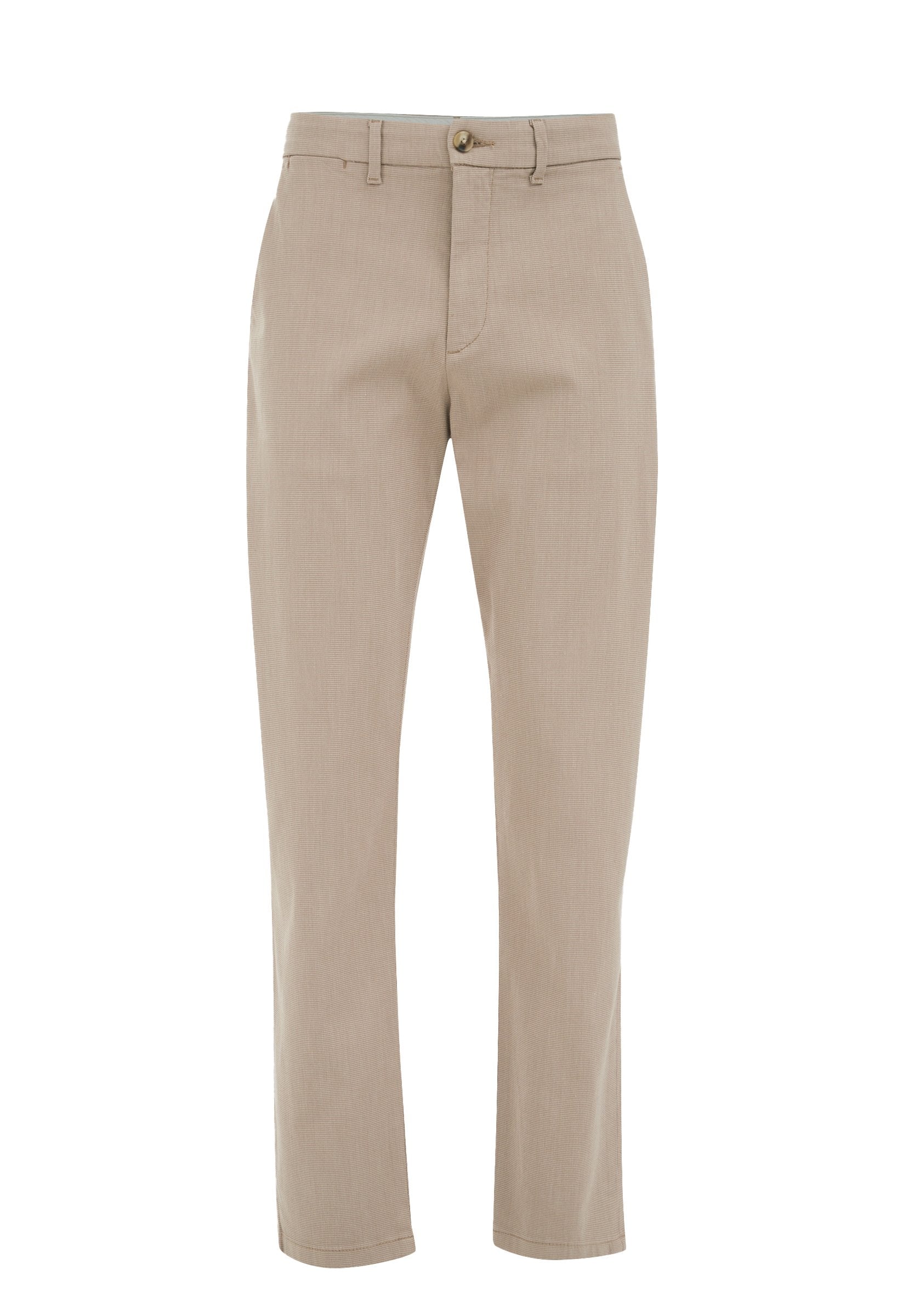 Beige Baumwollhosen mit geradem Beinentwurf, ausgestattet mit einem Knopfverschluss, Gürtelschlaufen und feiner strukturiertem Stoff.