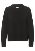 Schwarzer gestrickter Pullover mit geripptem Rundhalsausschnitt, überschnittenen Schultern sowie gerippten Bündchen und Saum. Weiche Textur, lockere Passform.