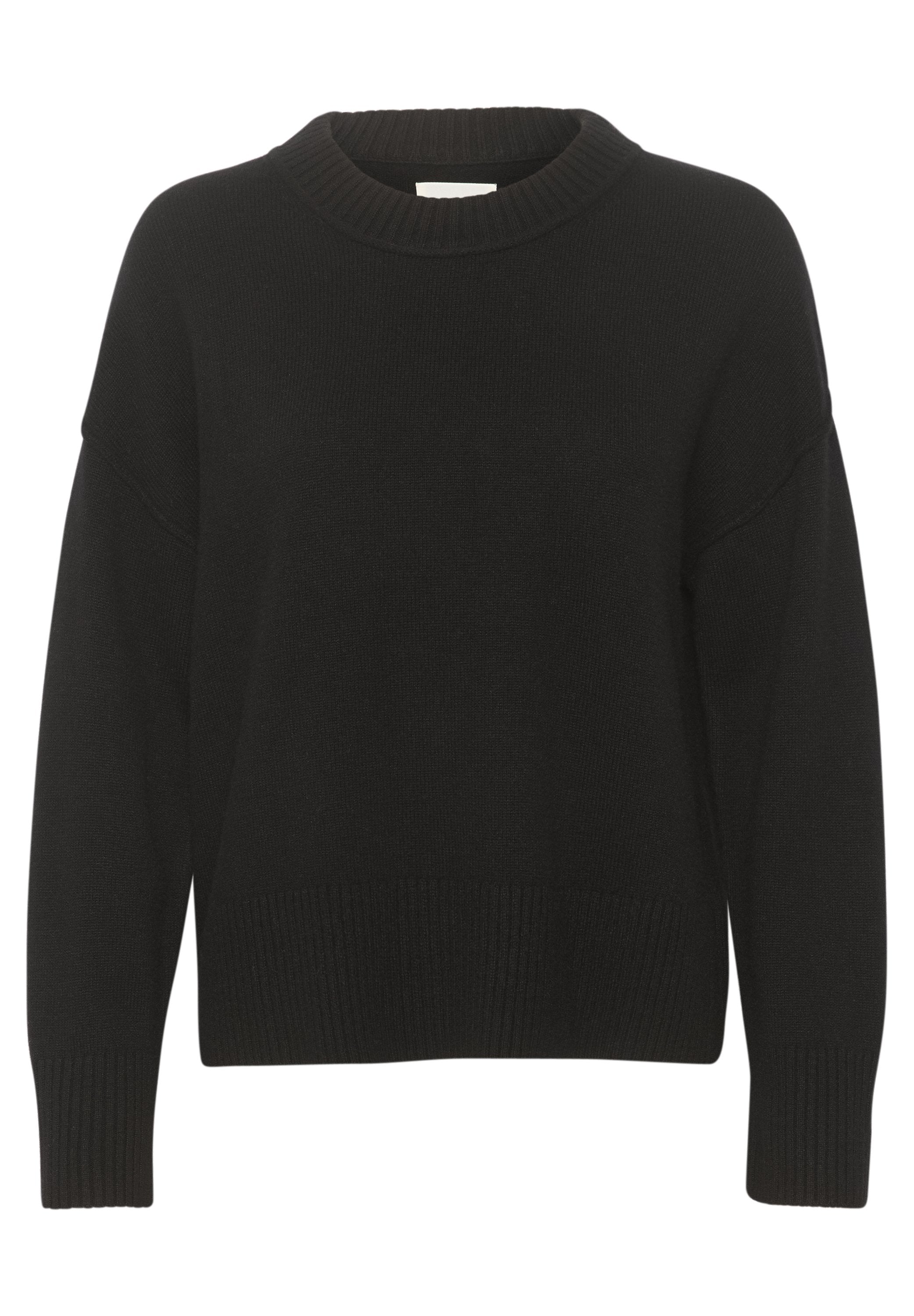 Schwarzer gestrickter Pullover mit geripptem Rundhalsausschnitt, überschnittenen Schultern sowie gerippten Bündchen und Saum. Weiche Textur, lockere Passform.