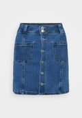 Denimrock mit schmalem Bund, fünf Metallknöpfen auf der Vorderseite und zwei großen seitlichen Taschen. Knieumspielende Länge und klassische blaue Farbe.
