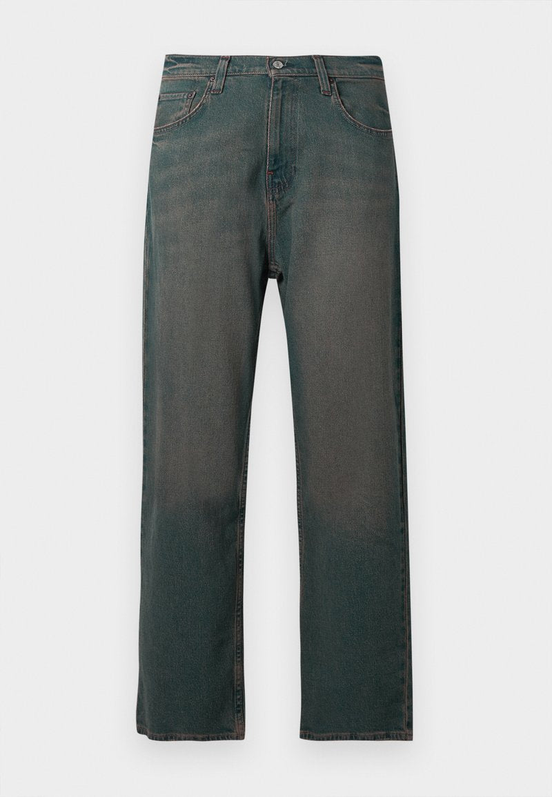 Dunkelgrüne Jeans aus Denim mit geradem Bein, ausgestattet mit einem klassischen Fünf-Taschen-Design und kontrastierenden Nähten entlang der Nähte.