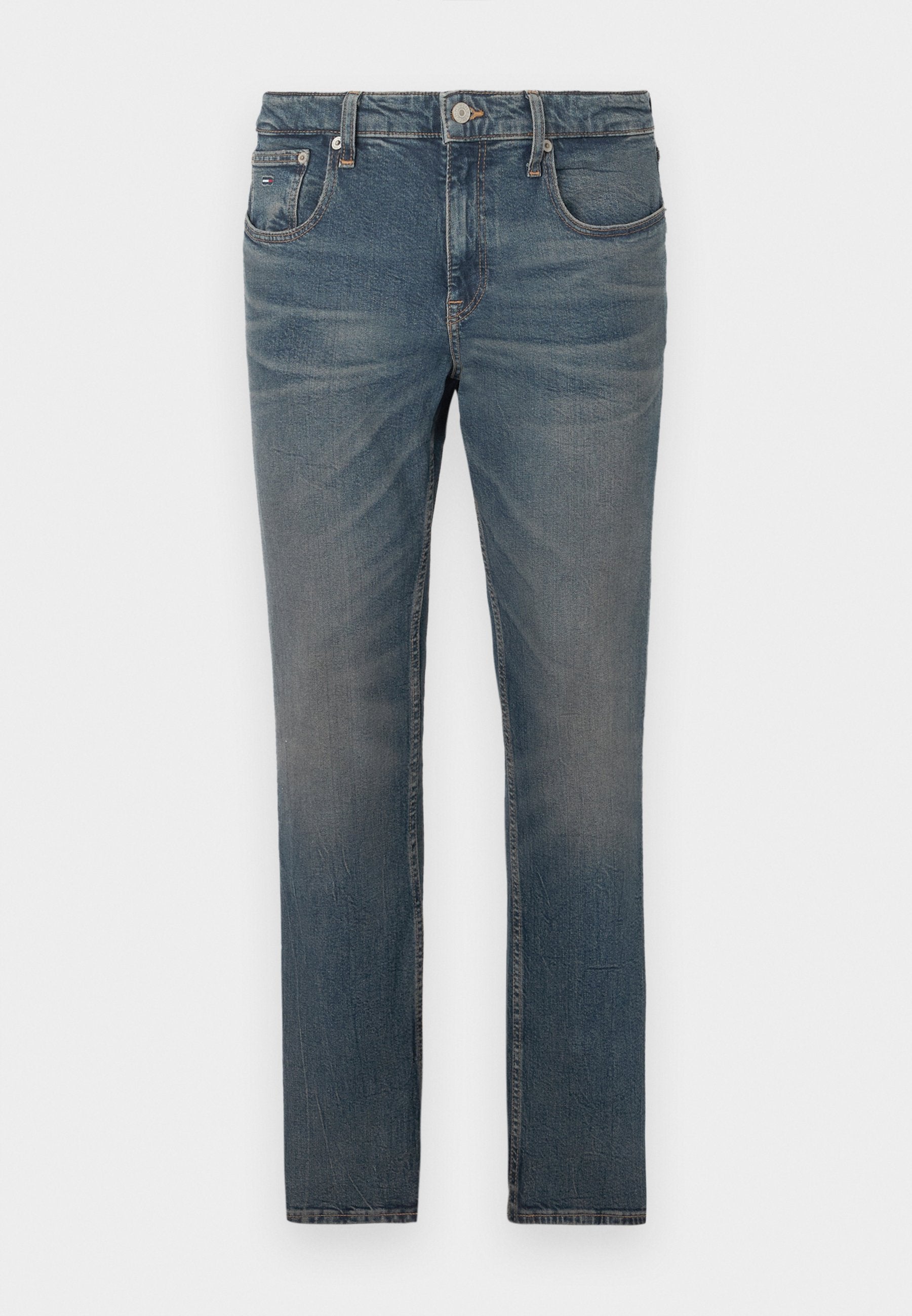 Herren Slim-Fit Jeans aus blauem Denim mit leichter Ausbleichung und klassischem 5-Taschen-Design, vor einem weißen Hintergrund präsentiert.