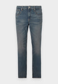 Herren Slim-Fit Jeans aus blauem Denim mit leichter Ausbleichung und klassischem 5-Taschen-Design, vor einem weißen Hintergrund präsentiert.