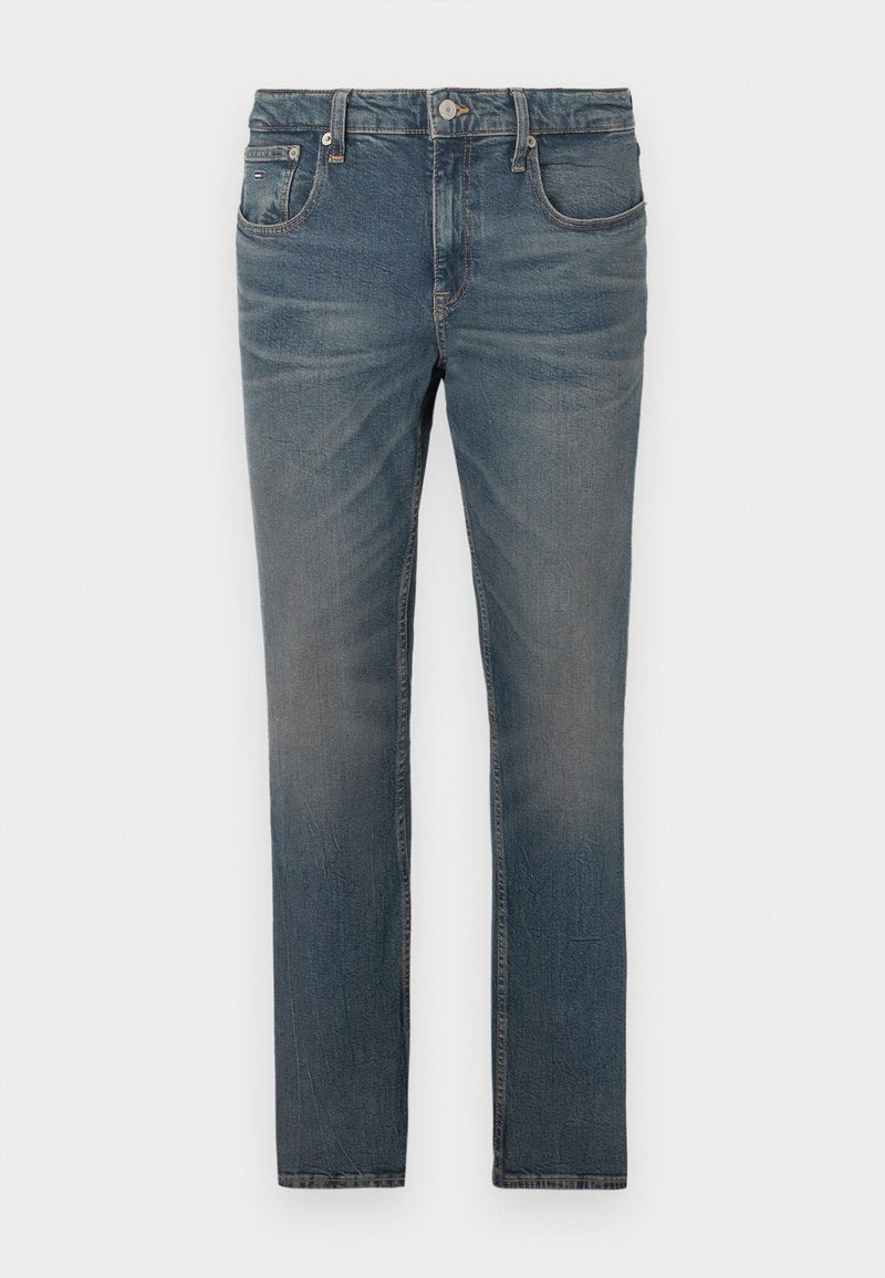 Herren Slim-Fit Jeans aus blauem Denim mit leichter Ausbleichung und klassischem 5-Taschen-Design, vor einem weißen Hintergrund präsentiert.