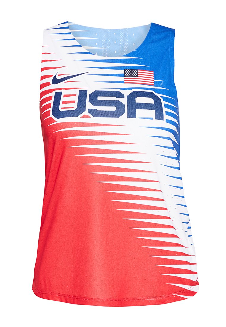 Ärmelloses Sporttop mit rot, weiß und blauem Verlauf, "USA"-Schriftzug, amerikanischer Flagge und Nike-Swoosh auf der Vorderseite.