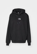 Schwarzer Kapuzenpullover mit Kängurutasche, ausgestattet mit einem weißen Logo auf der Brust, aus weichem Stoff, entworfen für Freizeitkleidung.