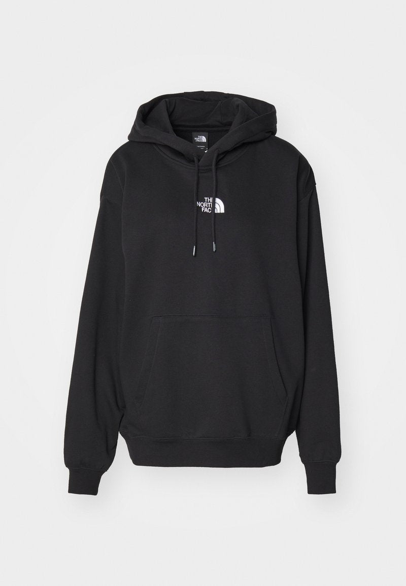 Schwarzer Kapuzenpullover mit Kängurutasche, ausgestattet mit einem weißen Logo auf der Brust, aus weichem Stoff, entworfen für Freizeitkleidung.