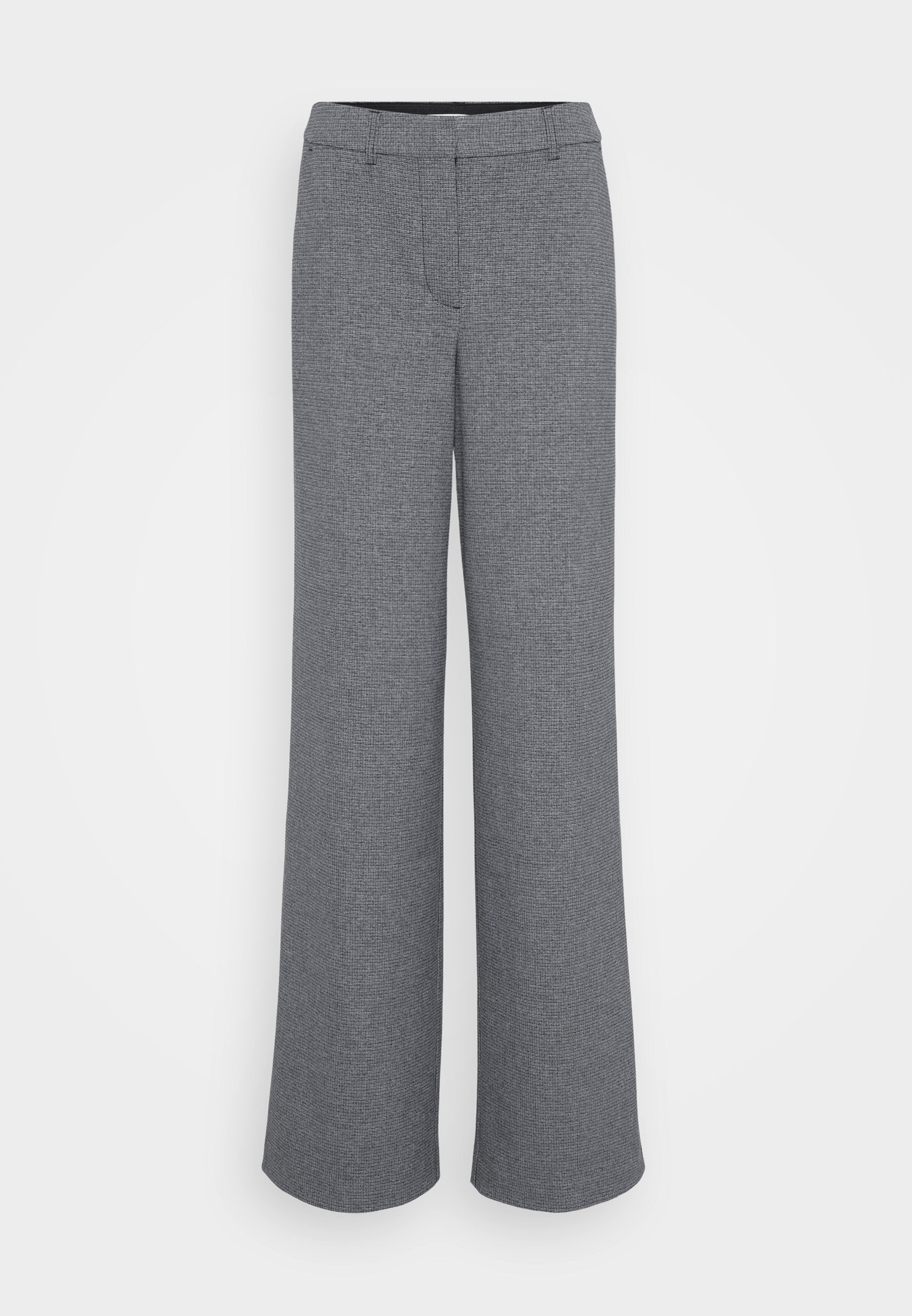 Graue weite Hose aus strukturiertem Stoff mit einer Fronttasche, Gürtelschlaufen und einem taillierten Bund.