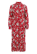 Rotes Blumen Kleid mit langen Ärmeln, Kragenhals und Stoffgürtel. Mit weißen und schwarzen Blumenmustern und einem gestuften Saum.