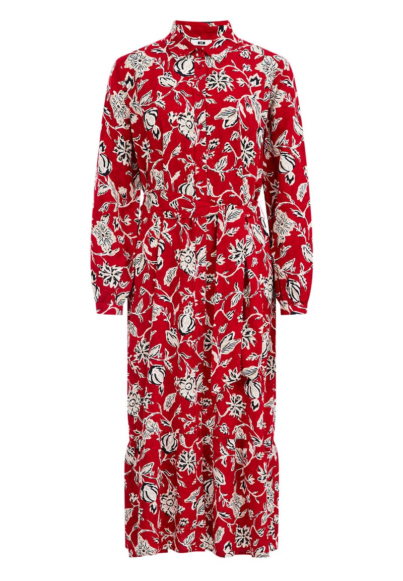 Rotes Blumen Kleid mit langen Ärmeln, Kragenhals und Stoffgürtel. Mit weißen und schwarzen Blumenmustern und einem gestuften Saum.