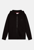 Schwarze Zip-Hoodie mit Kapuze, aus weichem Stoff. Verfügt über Taschen und das dezent auf der Brust aufgedruckte "HUGO"-Logo.