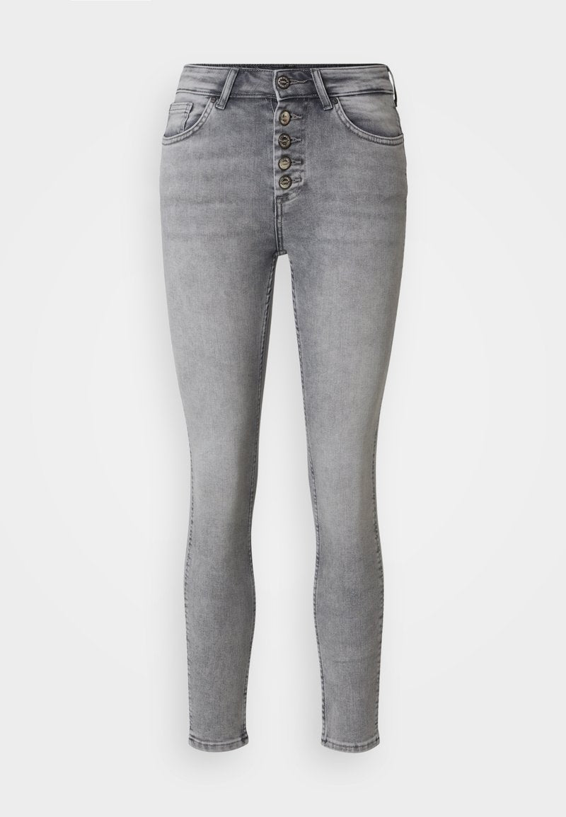 Helle graue Skinny-Jeans mit hoher Taille, fünf Knöpfenverschluss und Fronttaschen. Hat minimale Ausbleichungen und eine glatte Denim-Textur.