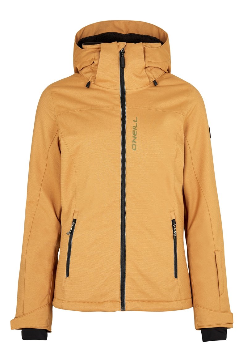 Orangenjacke mit durchgehendem Reißverschluss, verstellbarem Kapuze und schwarzen Akzenten. Verfügt über zwei Seitentaschen und ein Logo auf der Brust. Hergestellt aus strukturiertem Stoff.