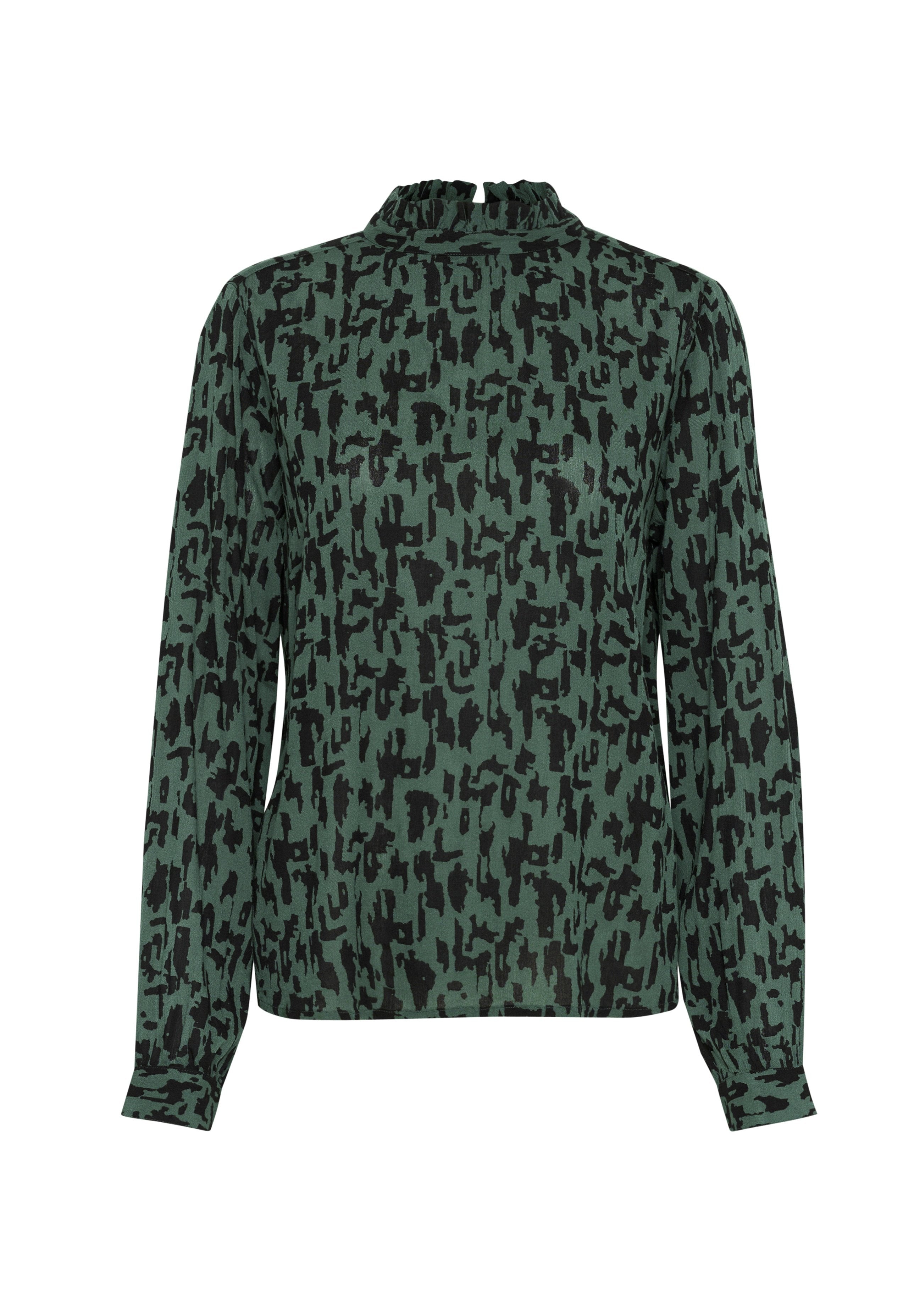 Langärmliges Oberteil aus grüner Stoff mit einem schwarzen abstrakten Muster, featuring einem hohen gerafften Ausschnitt und engen Bündchen. Glatte Textur.