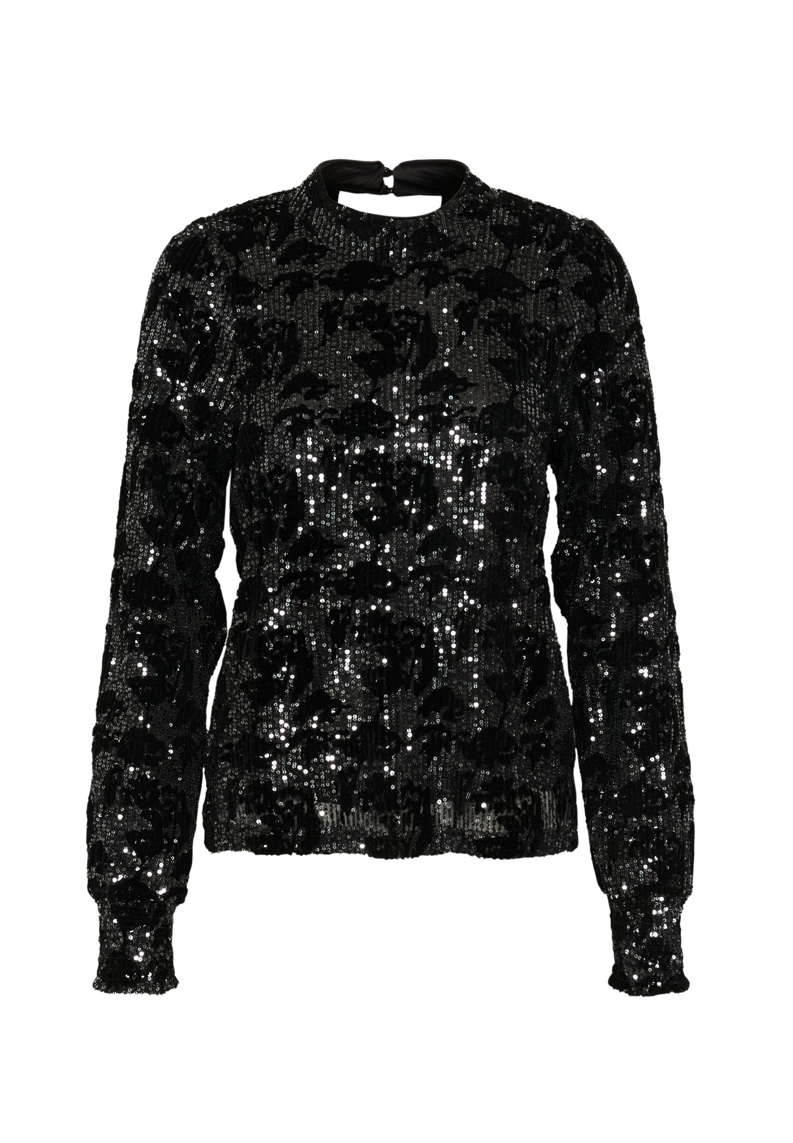 Schwarzer Pailletten-Pullover mit langen Ärmeln, hohem Kragen und einer Schlitzöffnung am Rücken. Verfügt über strukturierte Blumenmuster im gesamten Design.