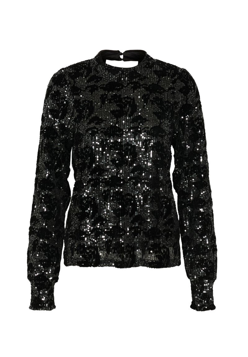 Schwarzer Pailletten-Pullover mit langen Ärmeln, hohem Kragen und einer Schlitzöffnung am Rücken. Verfügt über strukturierte Blumenmuster im gesamten Design.