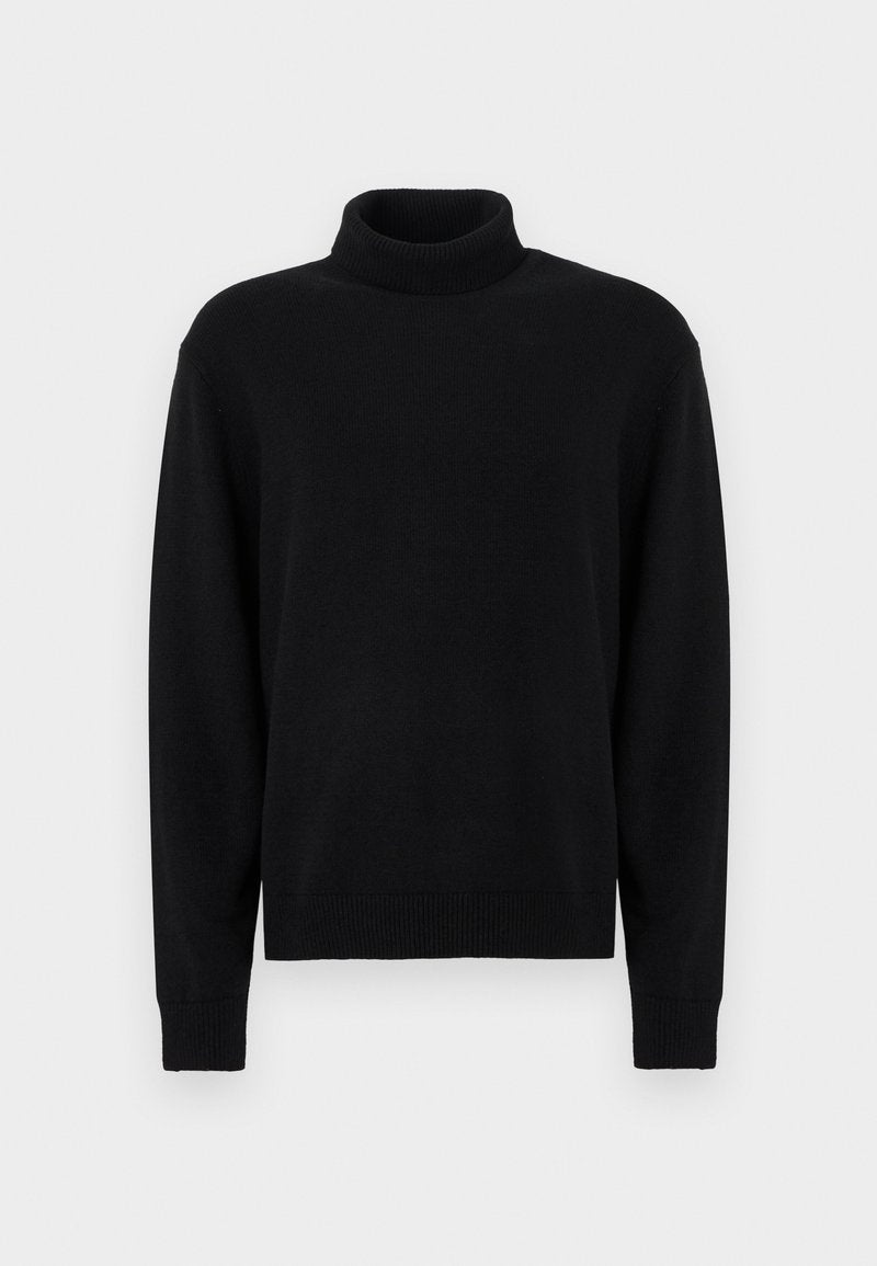 Schwarzer Rollkragenpullover aus Strickstoff. Verfügt über lange Ärmel sowie gerippte Bündchen und Saum. Einfaches, nahtloses Design ohne Muster.