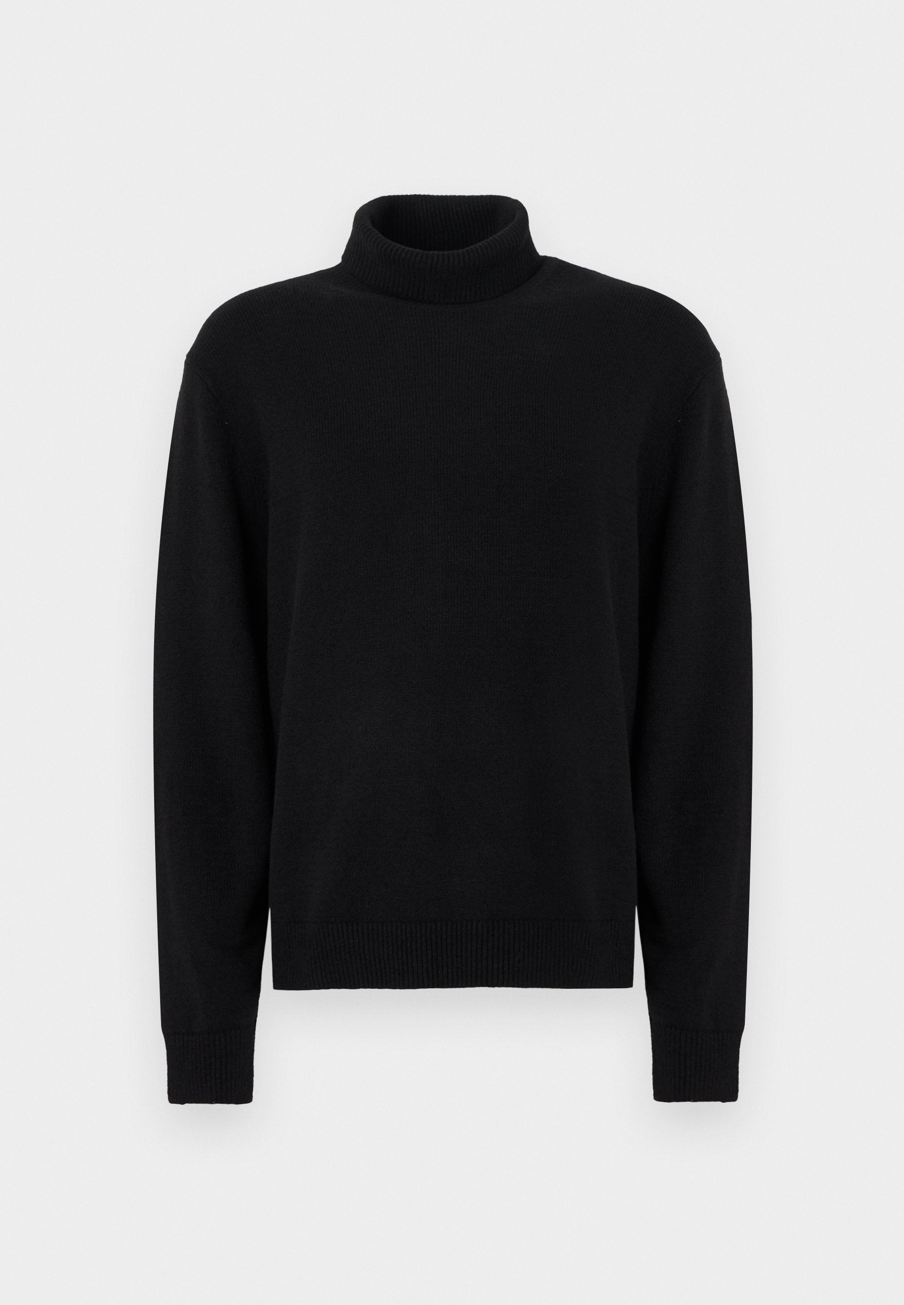 Schwarzer Rollkragenpullover aus Strickstoff. Verfügt über lange Ärmel sowie gerippte Bündchen und Saum. Einfaches, nahtloses Design ohne Muster.