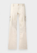 Beige Cargohosen mit weitem Bein, vorderer Knopfverschluss, Gürtelschlaufen und Klappentaschen an beiden Seiten.