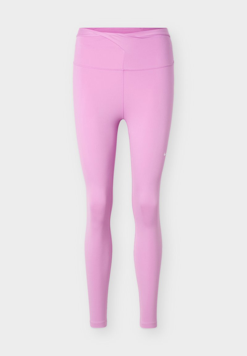 Rosa sportliche Leggings mit hoher Taille und kleinem weißem Logo am linken Oberschenkel, dargestellt auf einem einfarbigen hellgrauen Hintergrund.