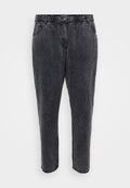 Schwarze Jeanshose mit elastischem Bund, ausgestattet mit zwei Fronttaschen, entspannter Passform und durchgehend verwitterter Textur.