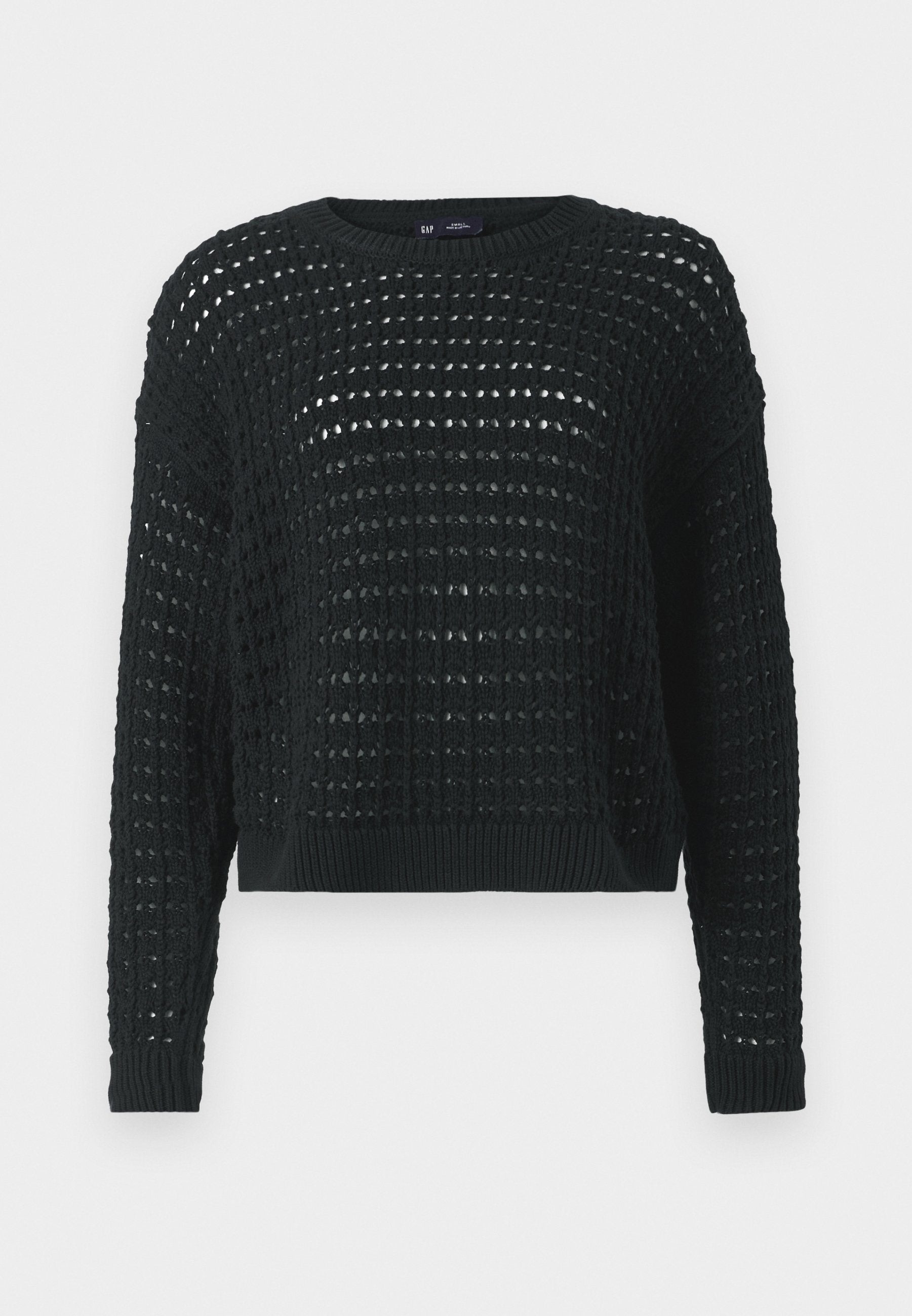 Schwarzer Strickpullover mit offenem Maschenmuster, langen Ärmeln und geripptem Ausschnitt. Mit einer verkürzten Länge und texturierten Details im gesamten Design.