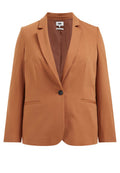 Brauner Blazer aus glattem Stoff mit einem Knopfverschluss, Reverskragen und zwei vorderen Taschen. Innenfutter in einem dunkleren Ton.