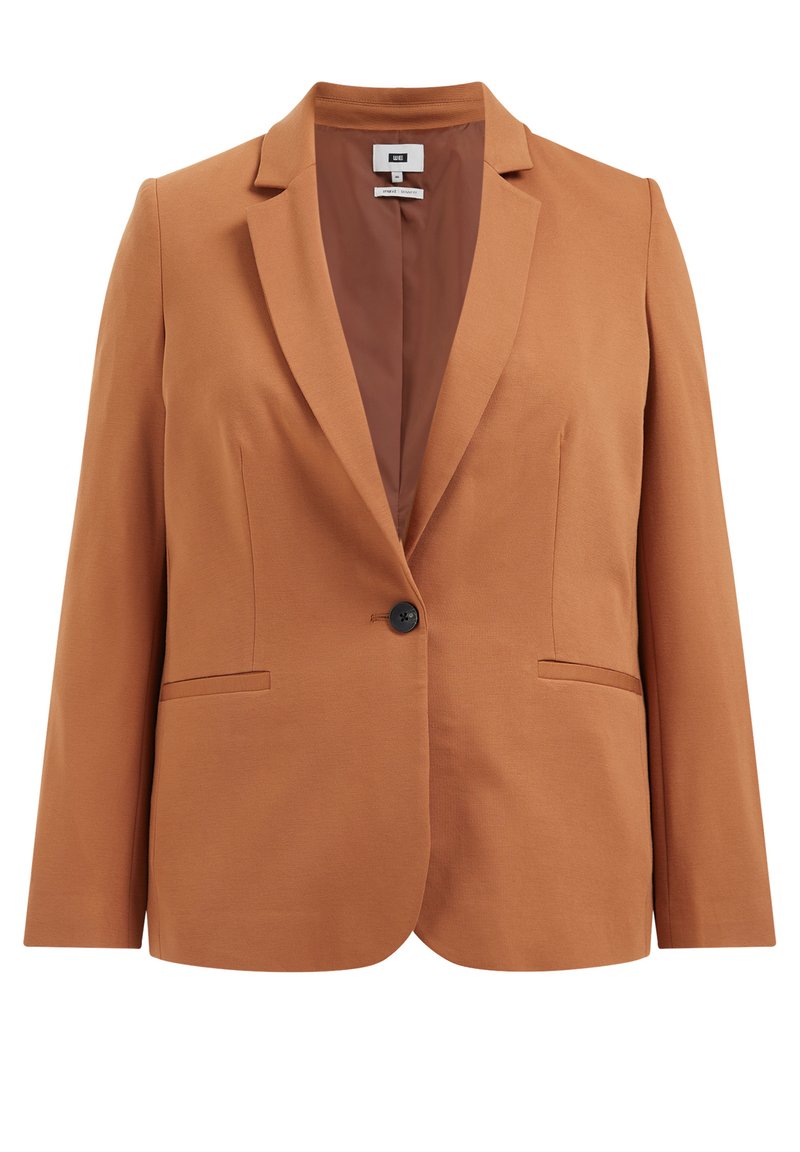 Brauner Blazer aus glattem Stoff mit einem Knopfverschluss, Reverskragen und zwei vorderen Taschen. Innenfutter in einem dunkleren Ton.