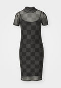 Durchsichtiges schwarzes Netzkleid mit kurzen Ärmeln, hohem Ausschnitt und Karomuster, das kreisförmige Akzentdesigns aufweist. Figurbetonte Silhouette.