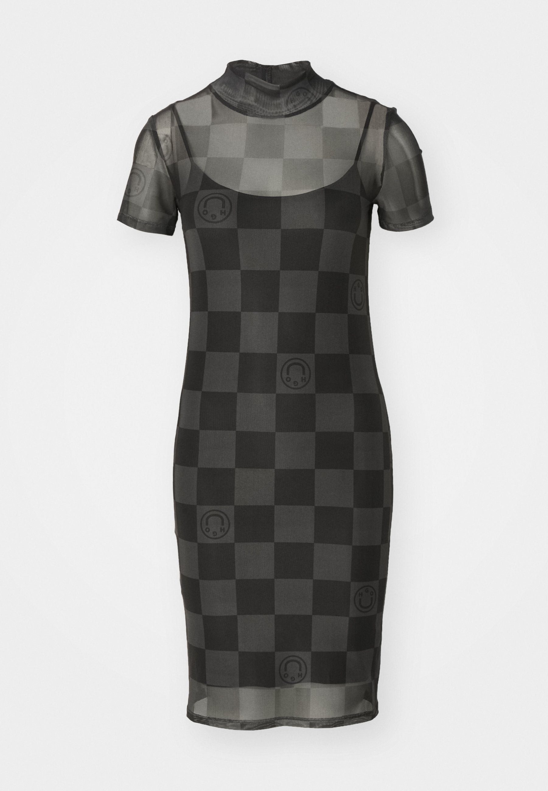 Durchsichtiges schwarzes Netzkleid mit kurzen Ärmeln, hohem Ausschnitt und Karomuster, das kreisförmige Akzentdesigns aufweist. Figurbetonte Silhouette.