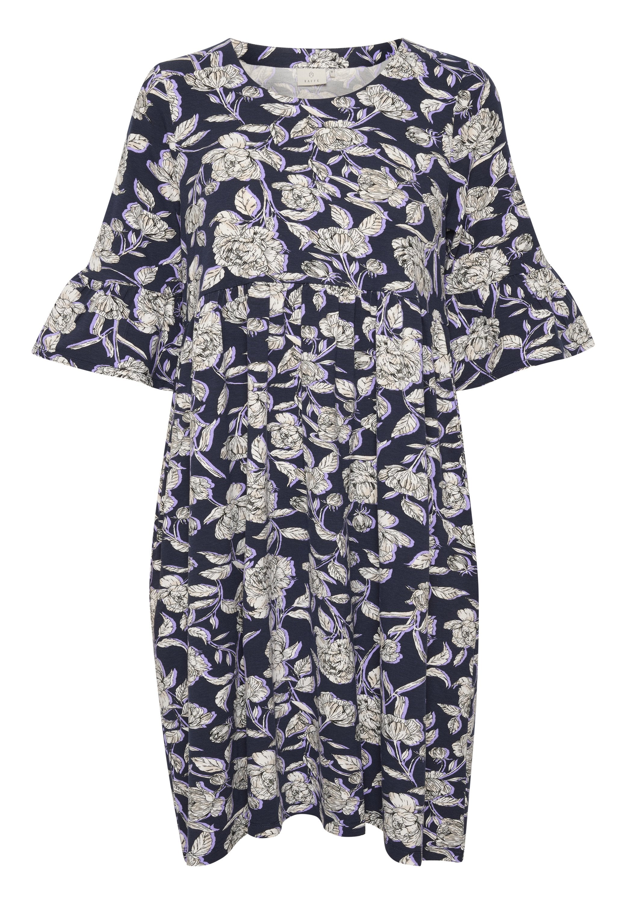 Blumenmusterkleid in Marineblau mit weißen und lavendelfarbenen Blumen. Kurze ausgestellte Ärmel, runder Ausschnitt und geraffte Taille für einen lockeren Sitz.