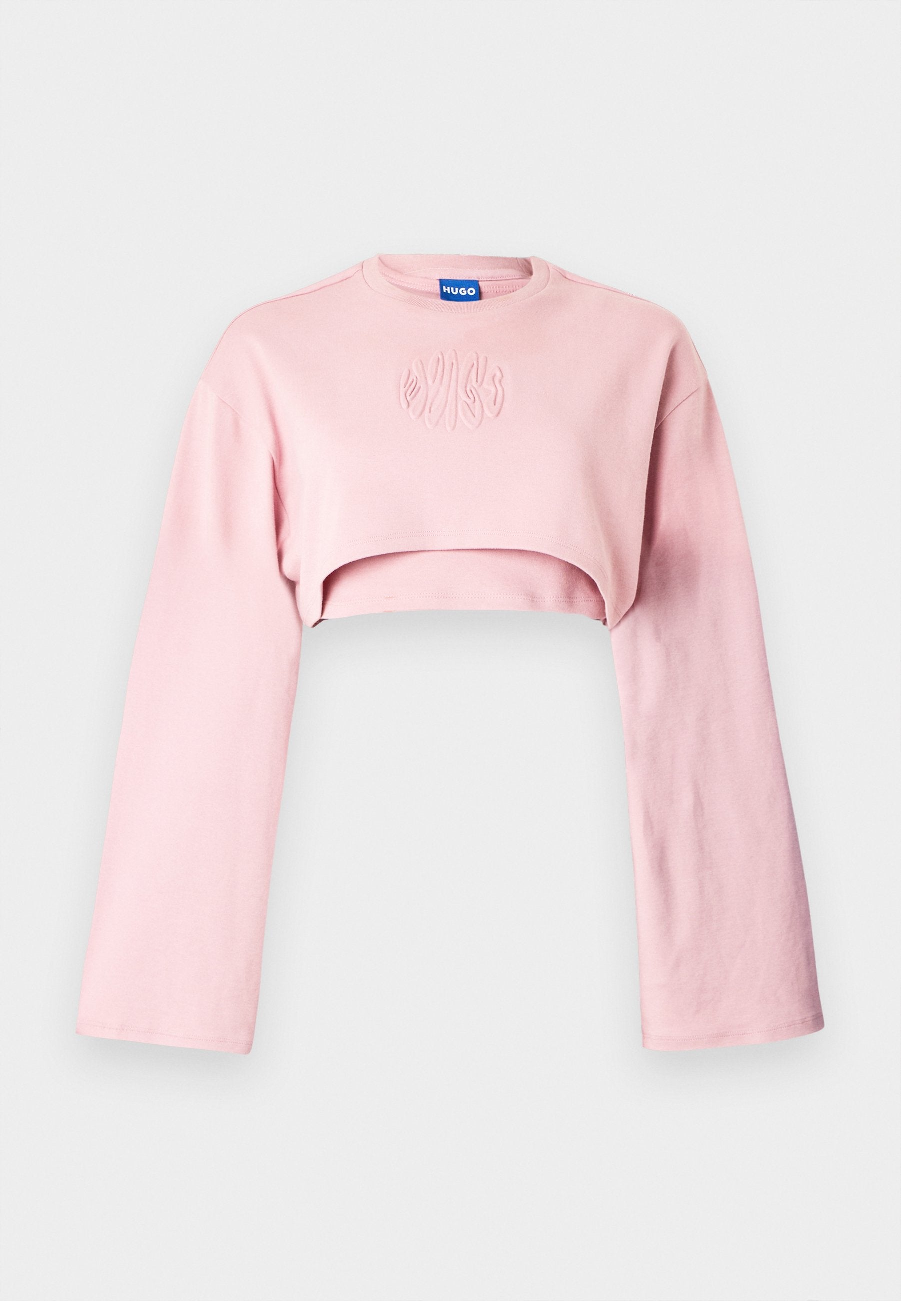 Rosa kurz geschnittenes Sweatshirt mit langen Ärmeln, einem Rundhalsausschnitt und einem geprägten Logo auf der Brust. Weiches, glattes Baumwollmaterial.