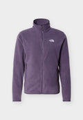 Lila Fleecejacke mit Reißverschluss, Stehkragen, seitlichen Reißverschlusstaschen und weißem "The North Face"-Logo auf der linken Brust.