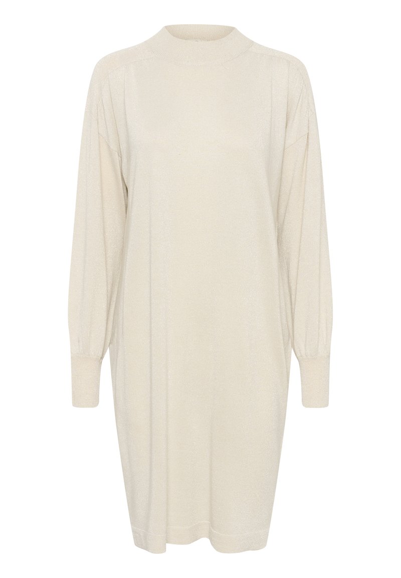 Beige Strickkleid mit hohem Kragen, langen Puffärmeln und lockerer Passform. Hergestellt aus einem weichen, leicht glänzenden Stoff mit glatter Textur.