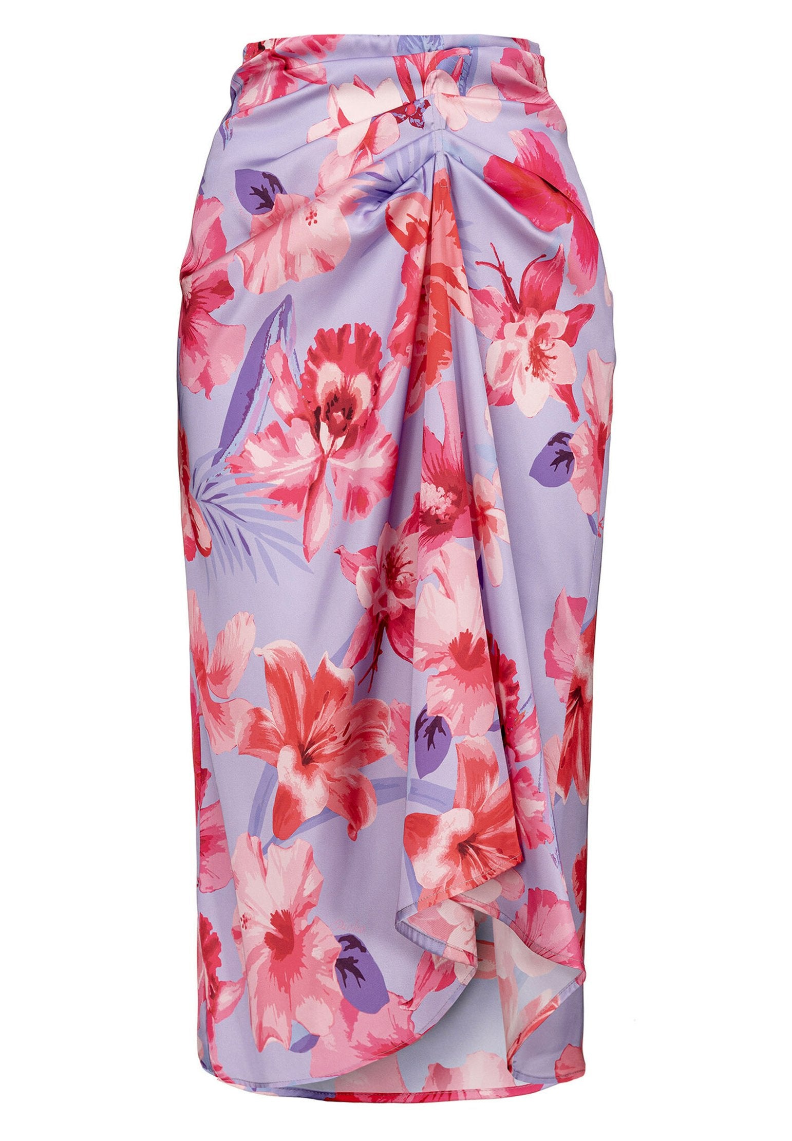 Blumige Wickelrock in hellem Lavendel mit großen rosa und roten Blumen, aus weichem Stoff, asymmetrischem Saum und drapierten Designelementen.