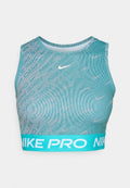 Nike Pro Sport-BH in Teal mit gerippter Textur, abstraktem Muster und einem kontrastierenden hellblauen Taillenbund mit weißem Branding.