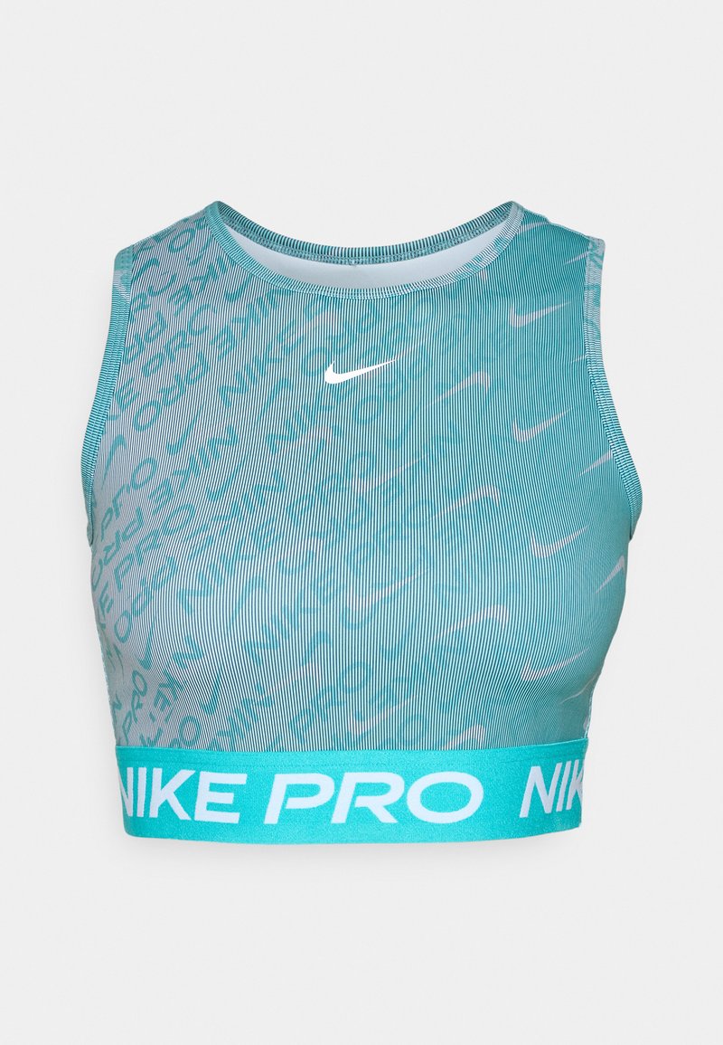 Nike Pro Sport-BH in Teal mit gerippter Textur, abstraktem Muster und einem kontrastierenden hellblauen Taillenbund mit weißem Branding.