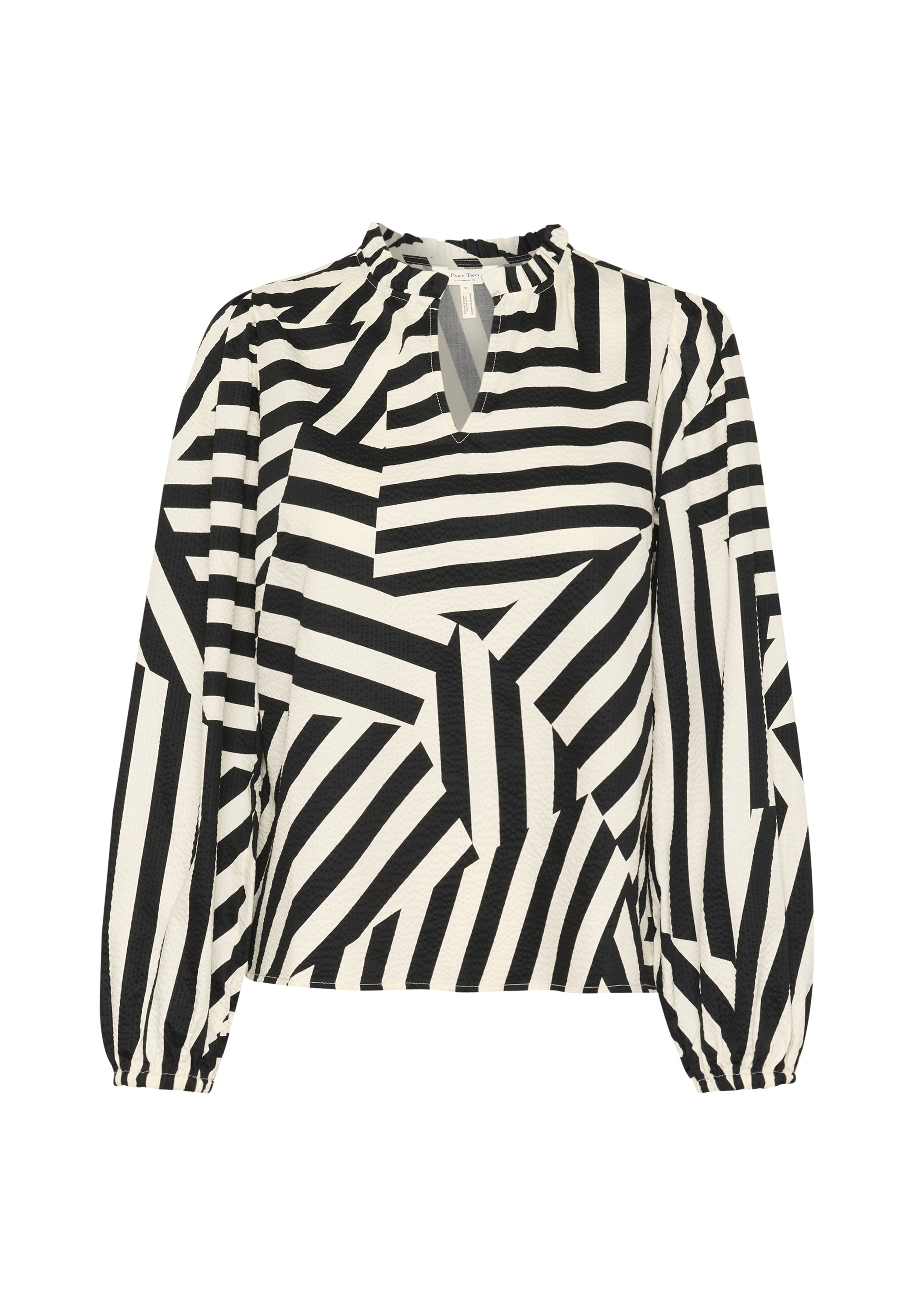 Langärmlige Bluse in Schwarz und Weiß, mit einem geometrischen Streifenmuster, strukturiertem Stoff und einem Schlüsselloch-Ausschnitt mit gerafften Ärmeln.