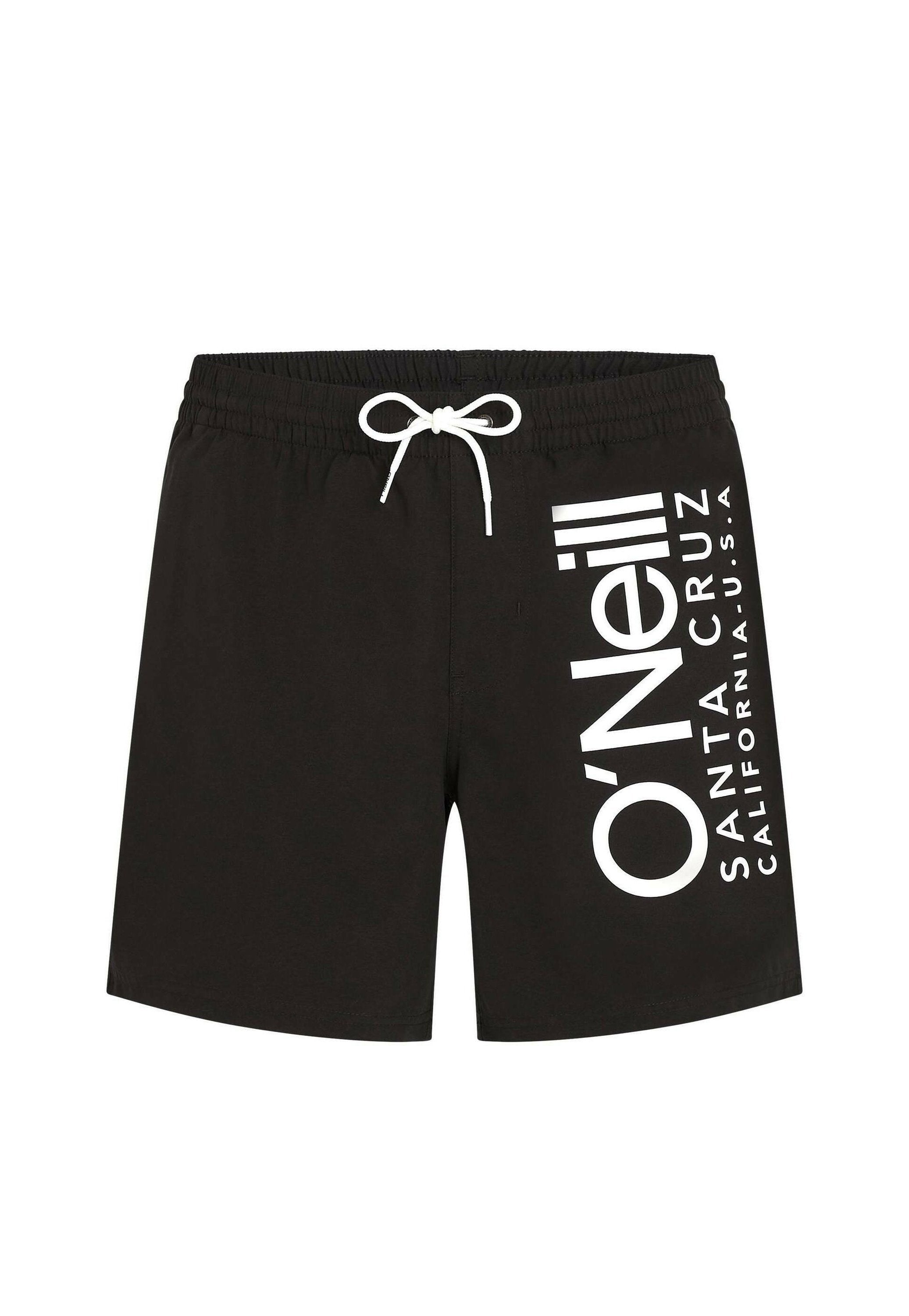 Schwarze Badeshorts mit weißem Kordelzug und großem vertikalem weißen O'Neill-Logo und Text am rechten Bein.