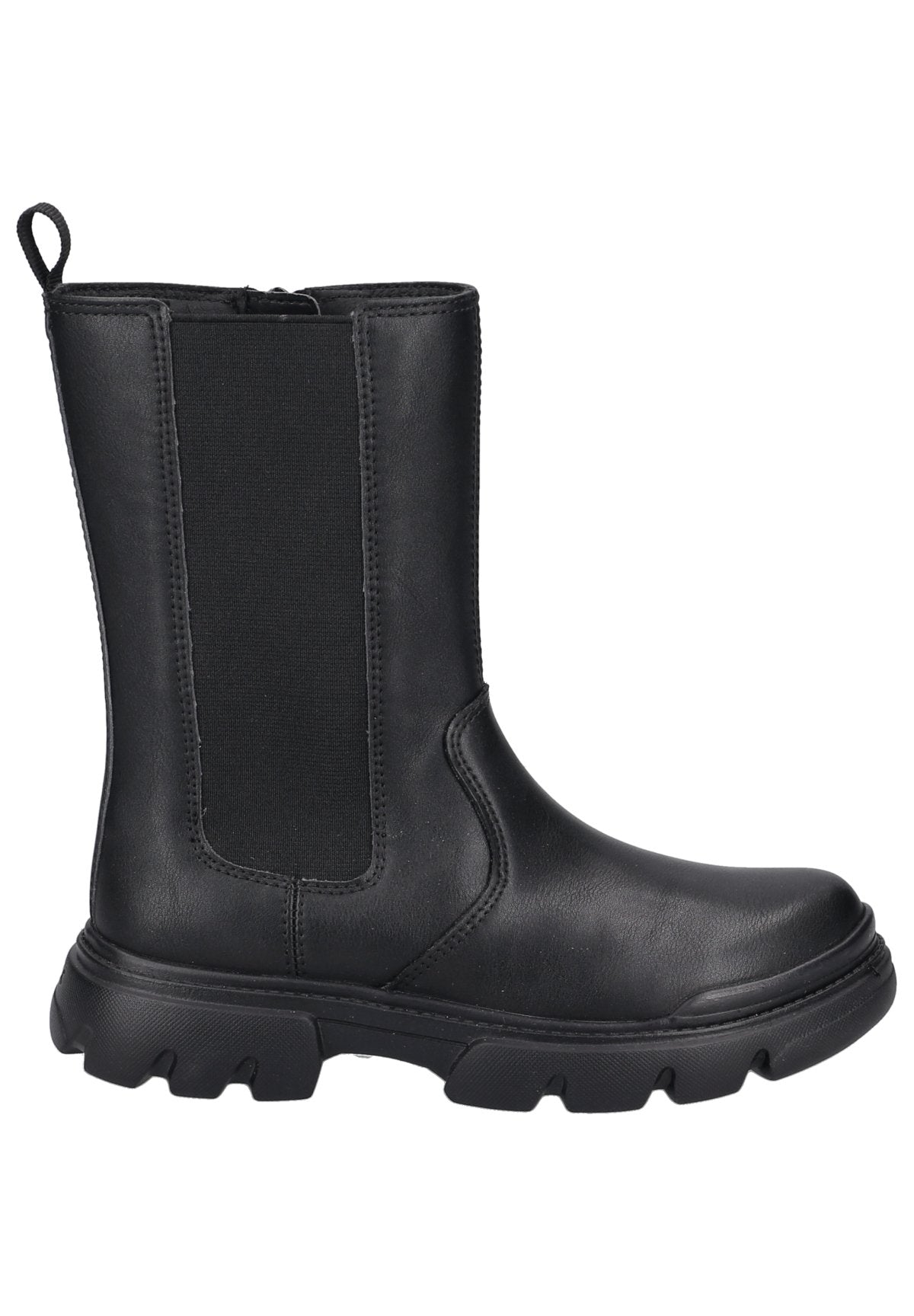 Schwarzer lederner Stiefel bis zur Mitte der Wade mit elastischer Seitenpartie, Zuglasche, runder Zehenpartie und robuster Gummisohle mit starkem Profil.