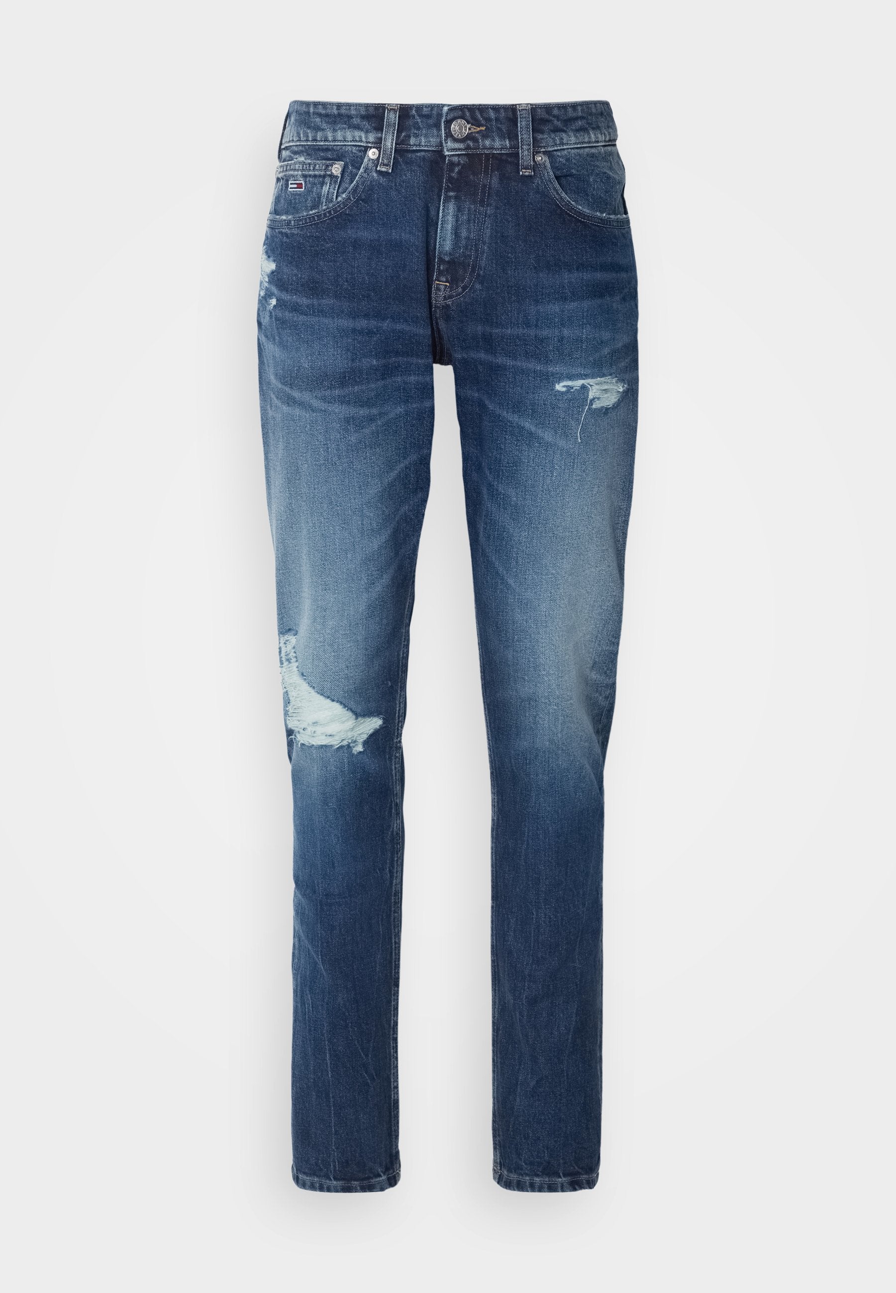 Jeans aus Denim in einem dunklen Waschung mit ausgefransten Details, einschließlich Rissen an den Knien und einem geraden Bein-Schnitt. Mit Metallknopf- und Nietenakzenten.