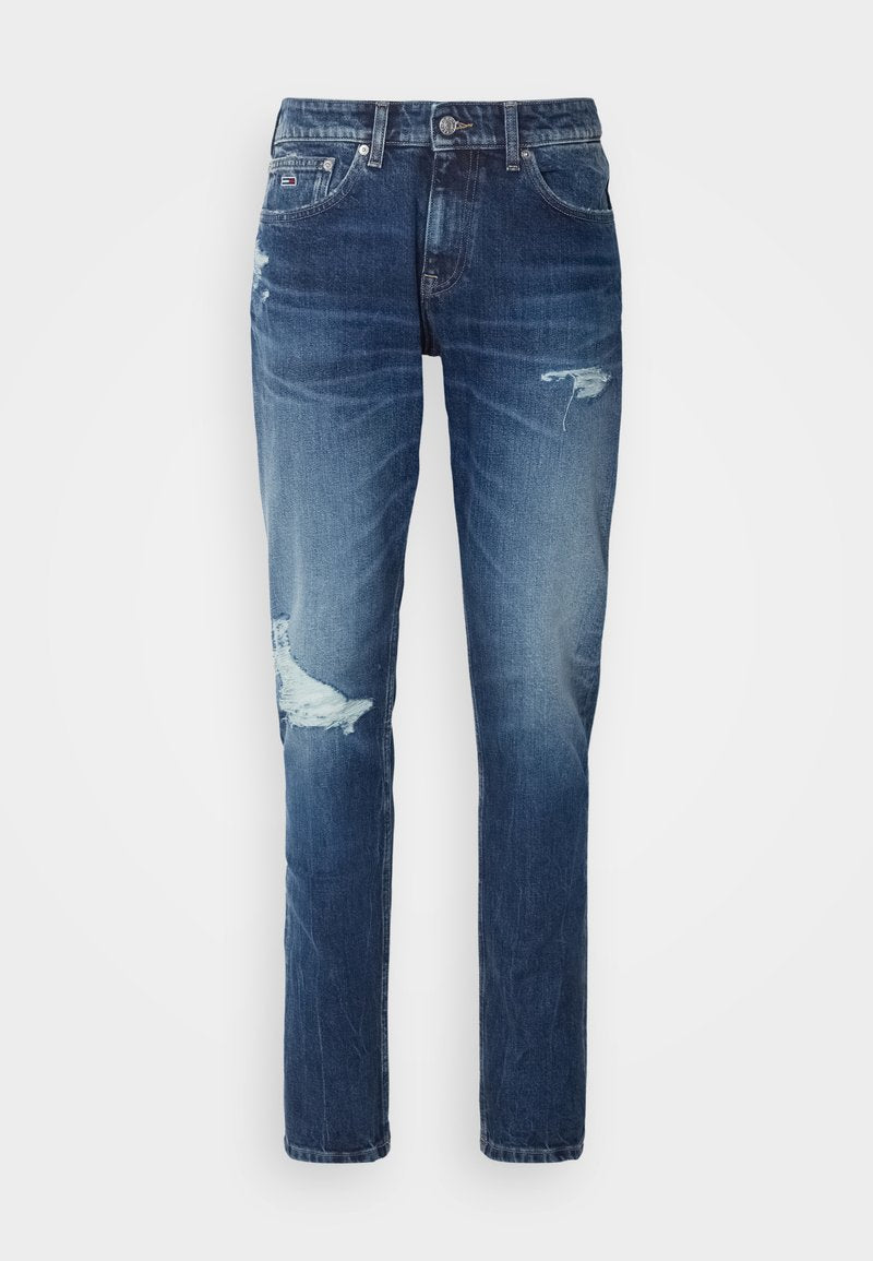 Jeans aus Denim in einem dunklen Waschung mit ausgefransten Details, einschließlich Rissen an den Knien und einem geraden Bein-Schnitt. Mit Metallknopf- und Nietenakzenten.