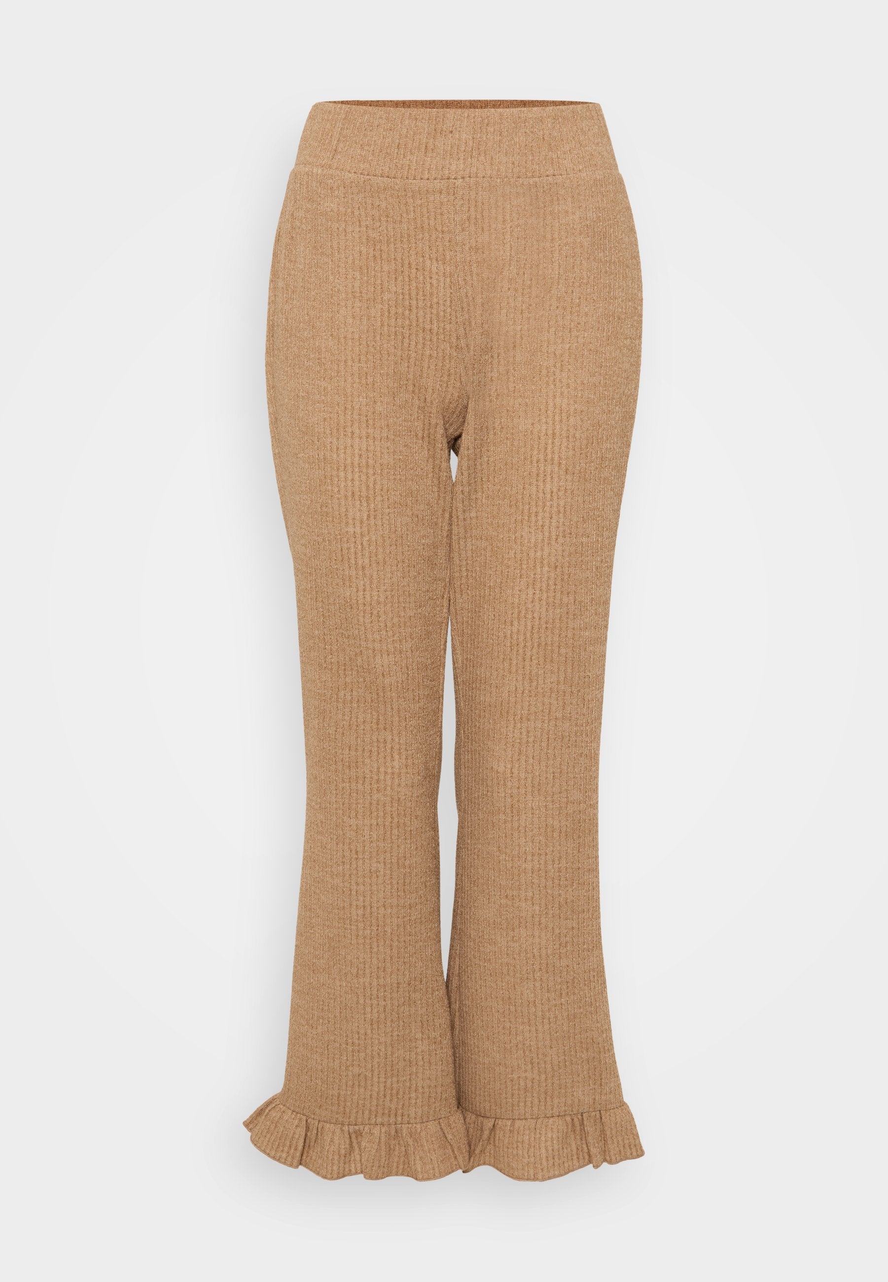 Helle braune, gerippte Strickhose mit weit auslaufendem Saum und Rüschensaum. Elastischer Bund für mehr Komfort. Gleichmäßige Textur auf der gesamten Oberfläche.
