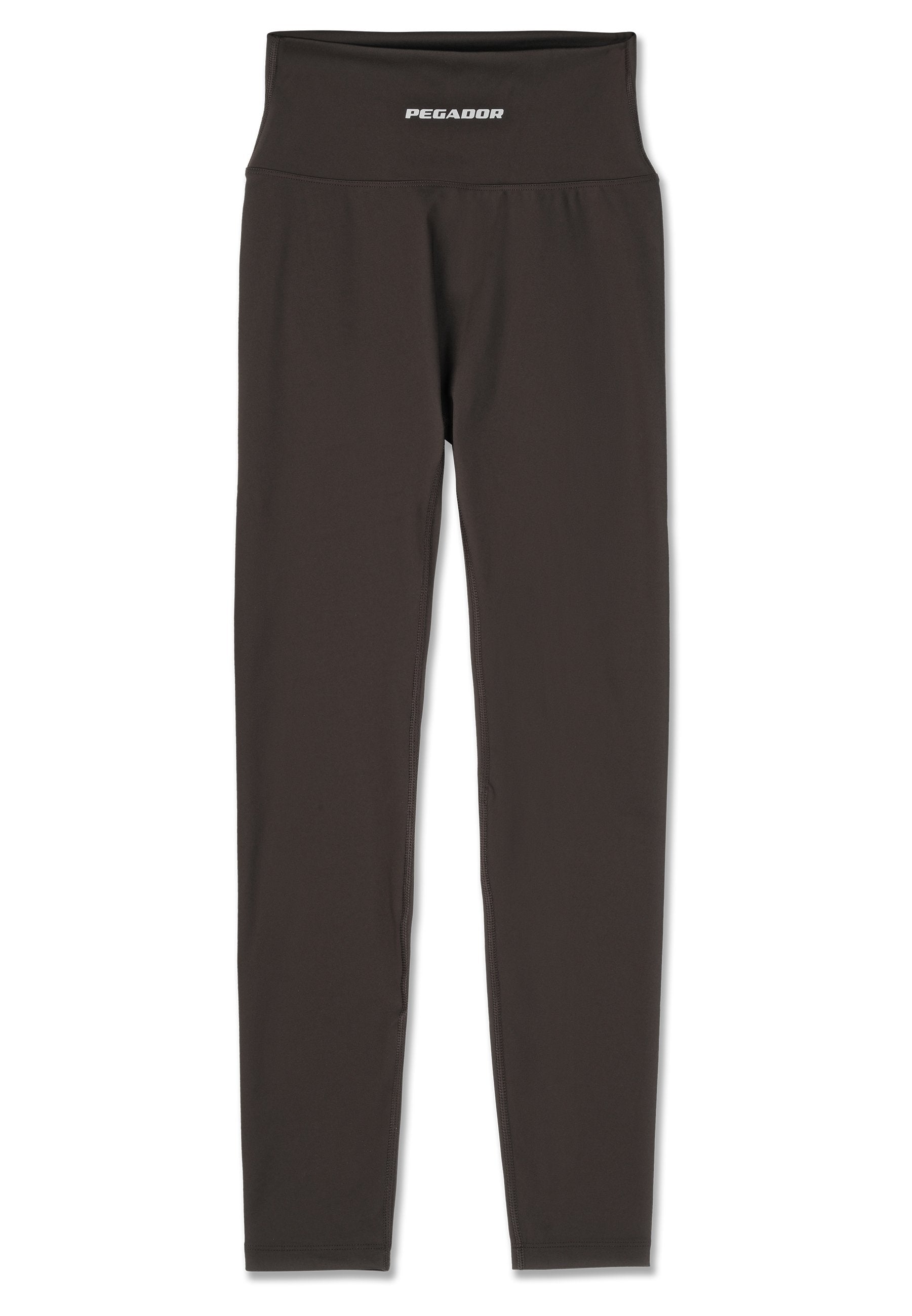Schwarze Leggings mit hohemBund. Aus dehnbarem Material, mit flachen Nähten und einem kleinen "PEGADOR"-Logo am Bund.