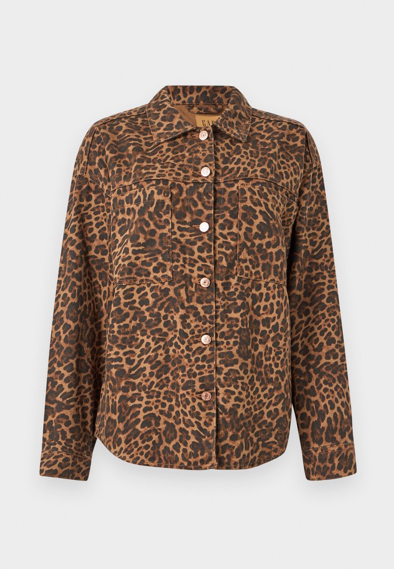Leopardenmuster Hemdjacke mit Kragen, zwei Fronttaschen und roségoldenen Knöpfen. Hergestellt aus strukturiertem Stoff in Braun- und Schwarztönen.