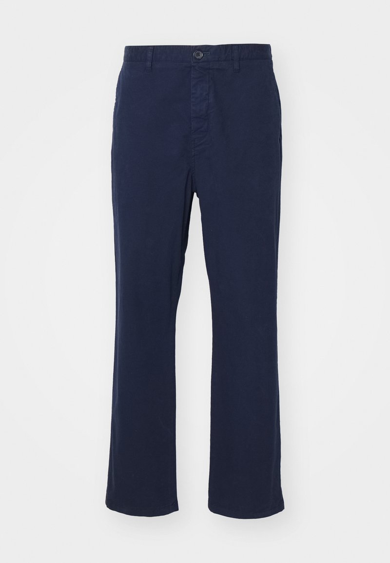 Marineblaue Baumwollhose mit geradem Beinschnitt, ausgestattet mit einem vorderen Knopfverschluss und Seitentaschen. Glatte Textur mit minimalen Details.