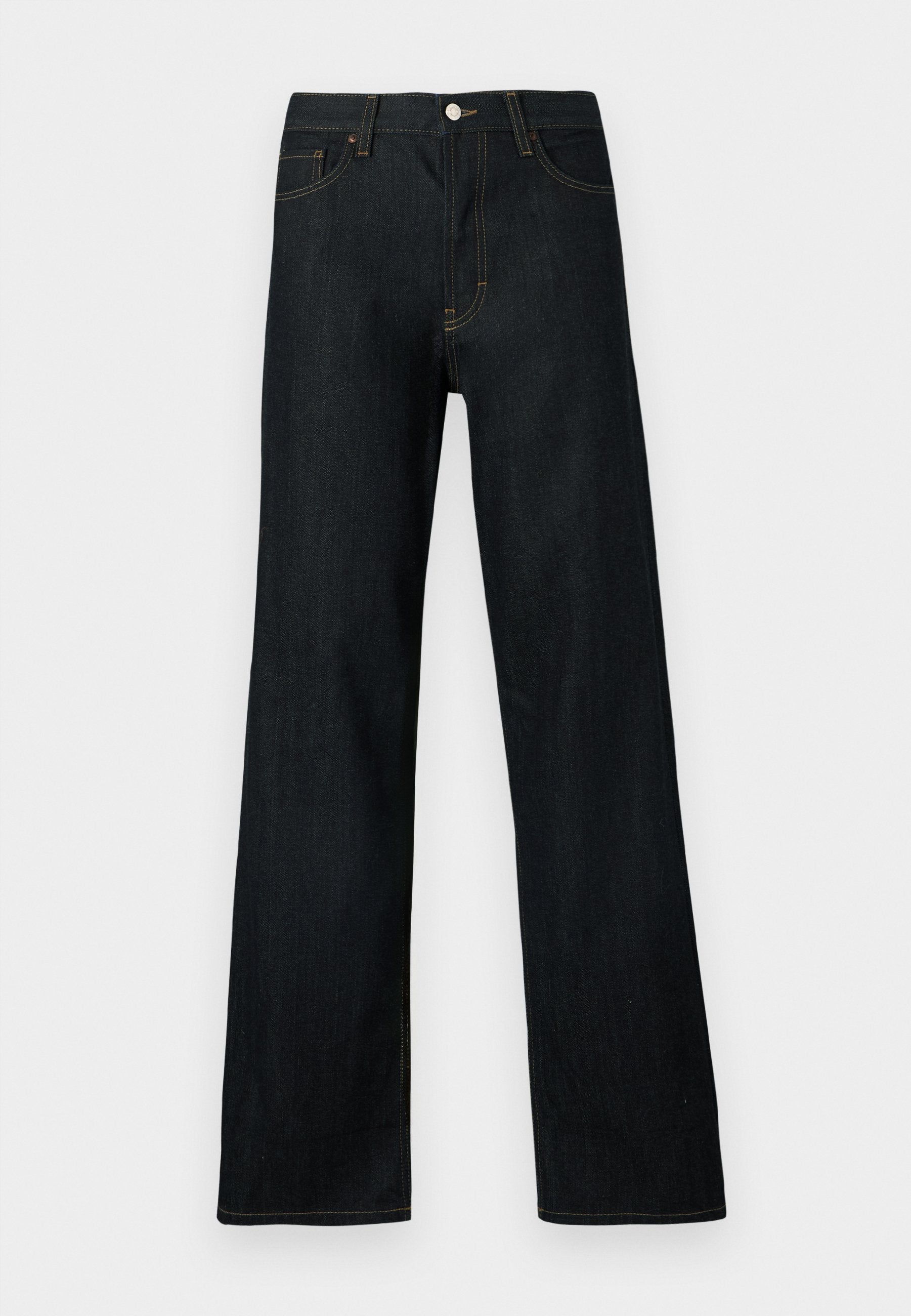 Dunkelblaue Jeans im Wide-Leg-Design. Die Merkmale umfassen einen Knopfverschluss, fünf Taschen und kontrastierende orangefarbene Nähte.
