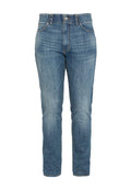 Blaue Jeans aus Denim mit geradem Bein, ausgestattet mit einem Knopfverschluss, fünf Taschen und dezentem Verblassen auf der Vorder- und Rückseite.