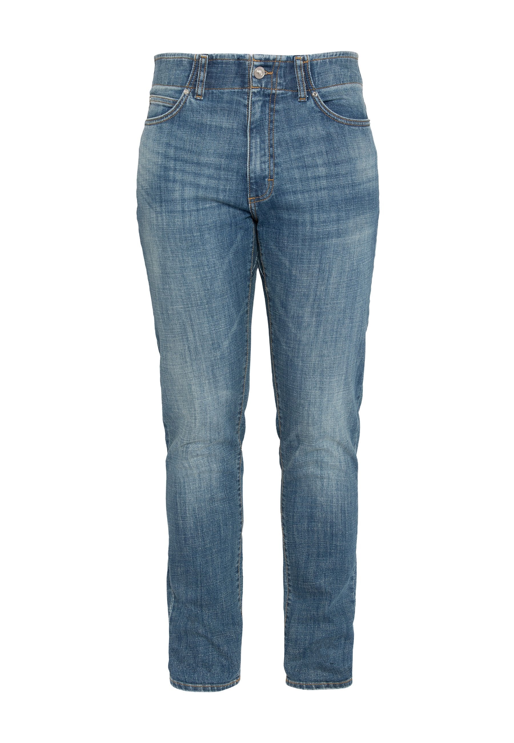 Blaue Jeans aus Denim mit geradem Bein, ausgestattet mit einem Knopfverschluss, fünf Taschen und dezentem Verblassen auf der Vorder- und Rückseite.